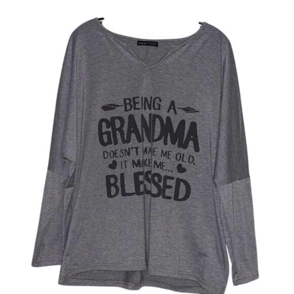 Grandma Long Sleeve Gray Shirt Cozy Vibes Polyester Cotton Blend